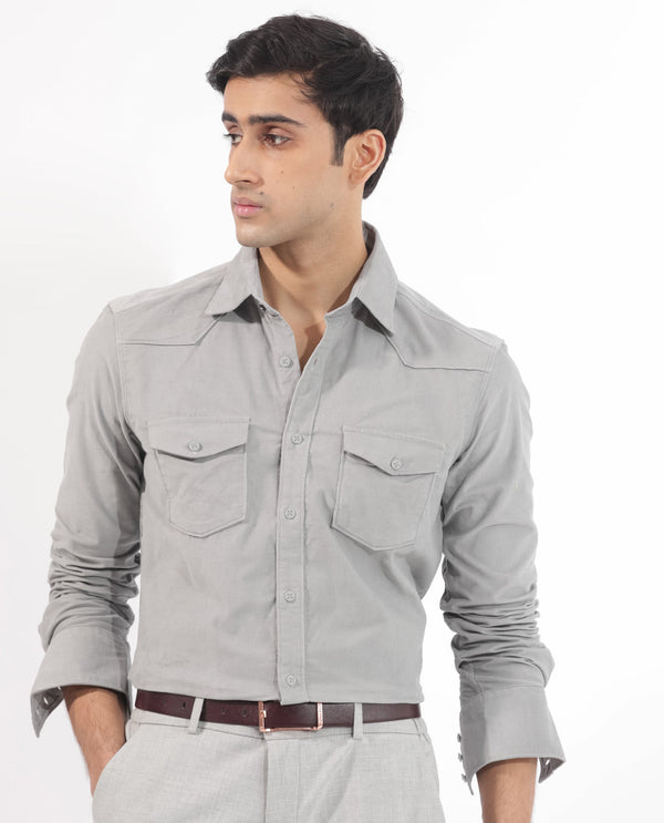 Rare Rabbit Men's Halle Grey Cotton Fabric Full Sleeves Corduroy Shirt