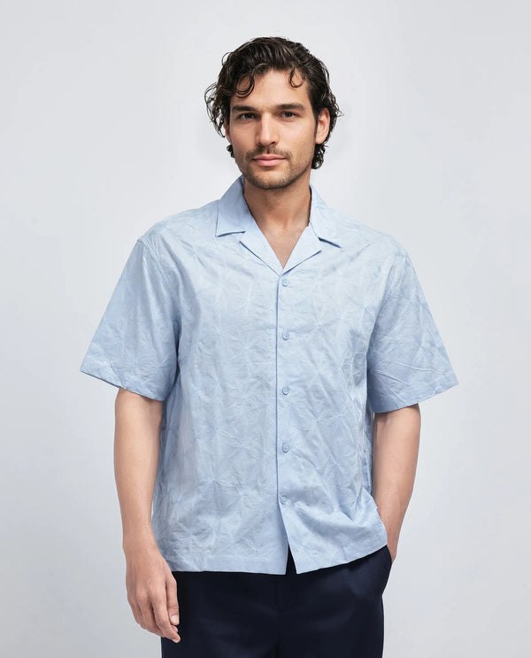 Rare Rabbit Men's Halo Light Blue Cotton Fabric Short Sleeve Cuban Collar Embroidery Shirt