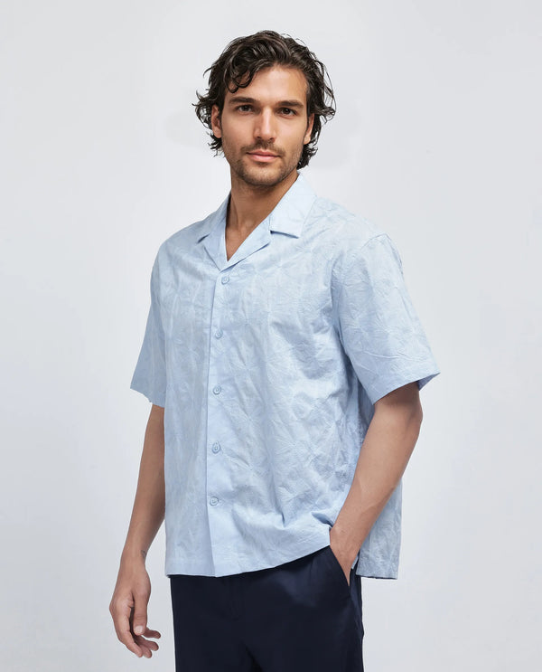 Rare Rabbit Men's Halo Light Blue Cotton Fabric Short Sleeve Cuban Collar Embroidery Shirt