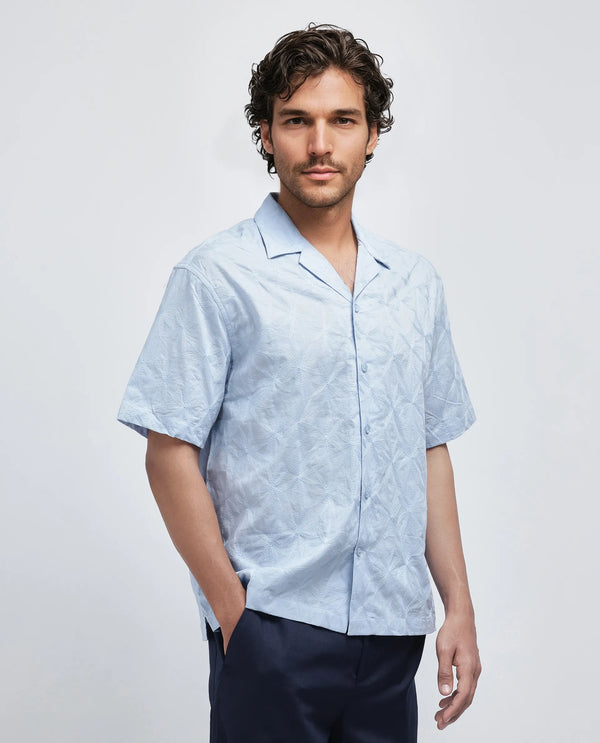 Rare Rabbit Men's Halo Light Blue Cotton Fabric Short Sleeve Cuban Collar Embroidery Shirt