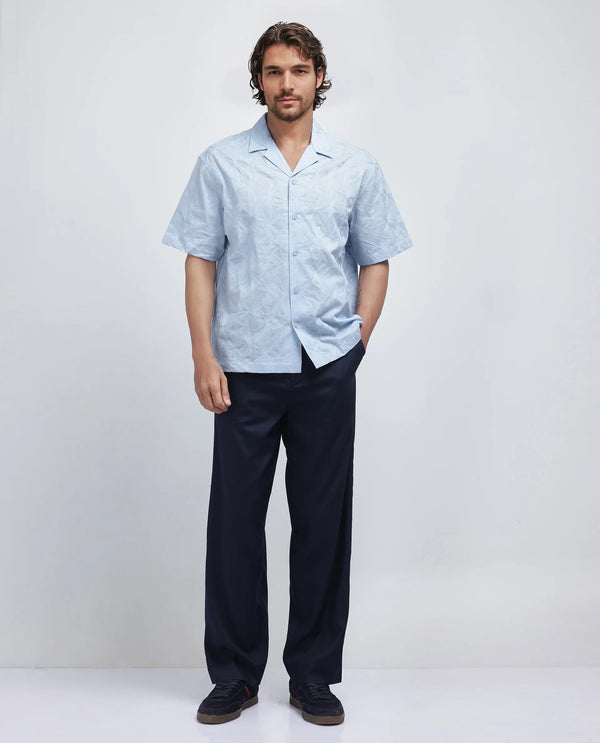 Rare Rabbit Men's Halo Light Blue Cotton Fabric Short Sleeve Cuban Collar Embroidery Shirt