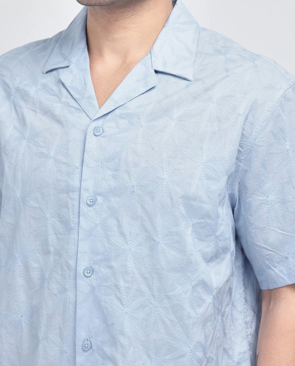 Rare Rabbit Men's Halo Light Blue Cotton Fabric Short Sleeve Cuban Collar Embroidery Shirt