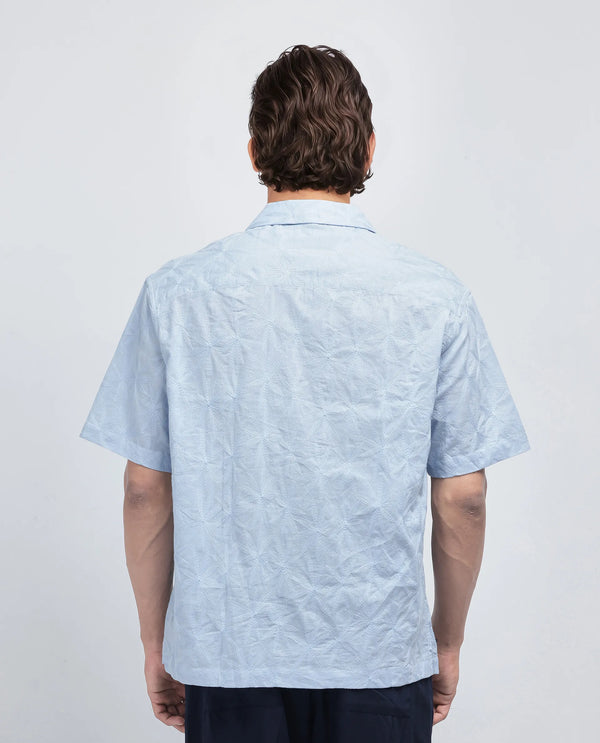 Rare Rabbit Men's Halo Light Blue Cotton Fabric Short Sleeve Cuban Collar Embroidery Shirt