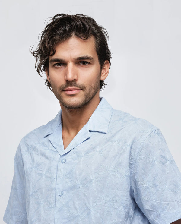 Rare Rabbit Men's Halo Light Blue Cotton Fabric Short Sleeve Cuban Collar Embroidery Shirt
