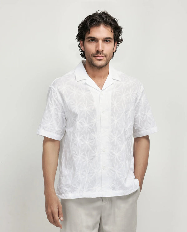 Rare Rabbit Men's Halo White Cotton Fabric Short Sleeve Collared Neck Button Closure Embroidery Shirt
