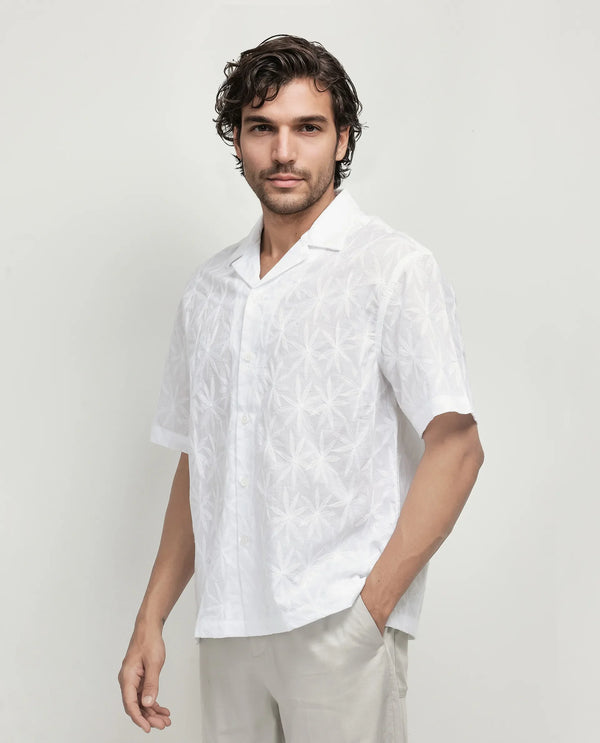 Rare Rabbit Men's Halo White Cotton Fabric Short Sleeve Collared Neck Button Closure Embroidery Shirt