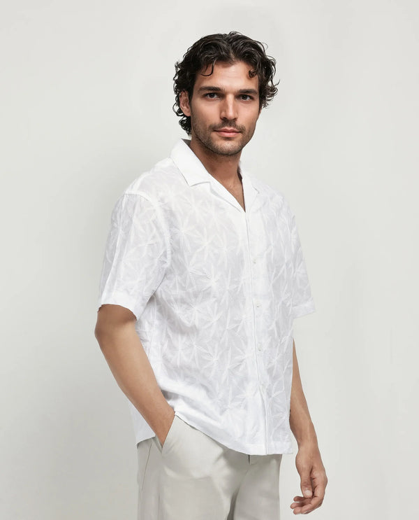Rare Rabbit Men's Halo White Cotton Fabric Short Sleeve Collared Neck Button Closure Embroidery Shirt