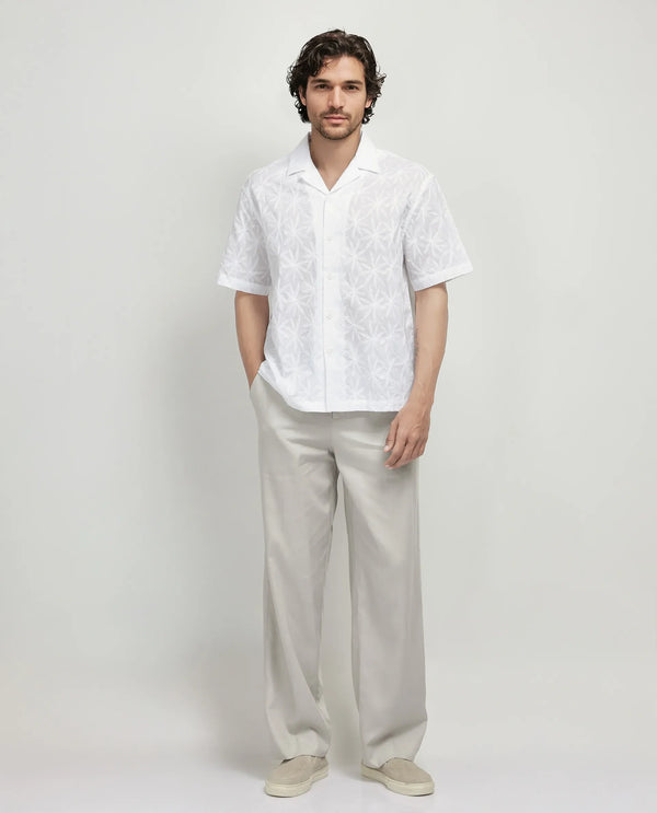 Rare Rabbit Men's Halo White Cotton Fabric Short Sleeve Collared Neck Button Closure Embroidery Shirt