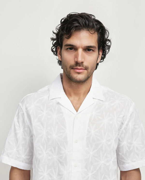 Rare Rabbit Men's Halo White Cotton Fabric Short Sleeve Collared Neck Button Closure Embroidery Shirt