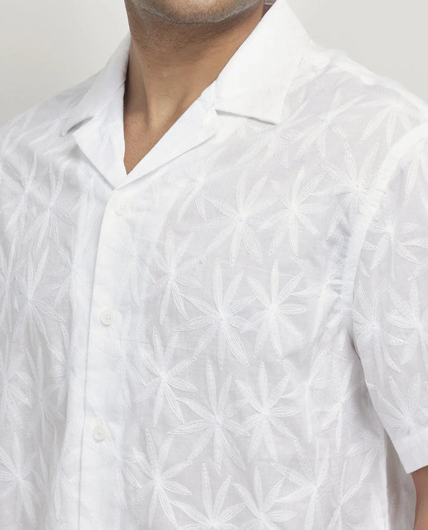 Rare Rabbit Men's Halo White Cotton Fabric Short Sleeve Collared Neck Button Closure Embroidery Shirt