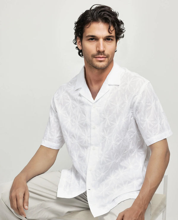 Rare Rabbit Men's Halo White Cotton Fabric Short Sleeve Collared Neck Button Closure Embroidery Shirt