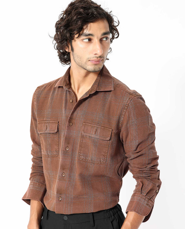 Rare Rabbit Men's Hammel Rust Cotton Fabric Full Sleeves Checks Shirt
