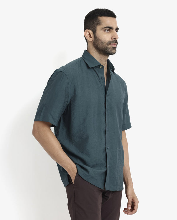 Rare Rabbit Men Blois Dark Teal Viscose Nylon Fabric Short Sleeve Slim Fit Plain Shirt