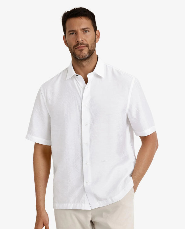 Rare Rabbit Men Blois White Viscose Nylon Fabric Short Sleeve Slim Fit Plain Shirt