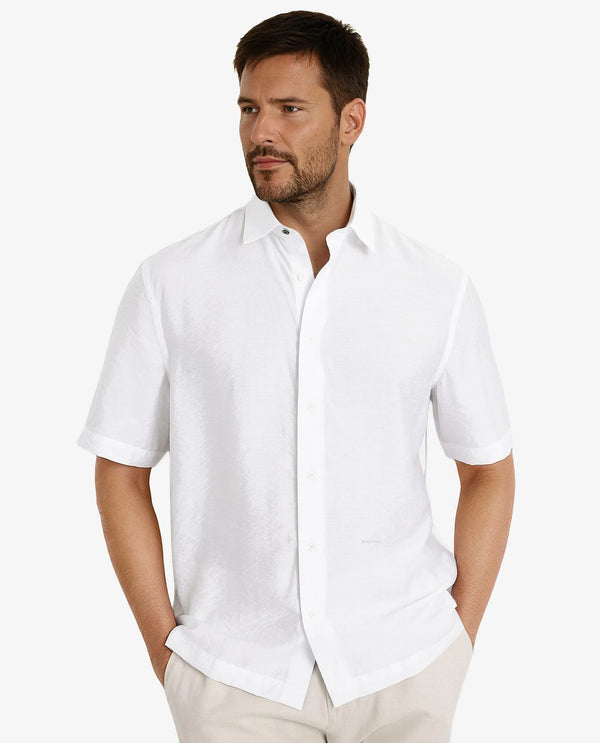 Rare Rabbit Men Blois White Viscose Nylon Fabric Short Sleeve Slim Fit Plain Shirt