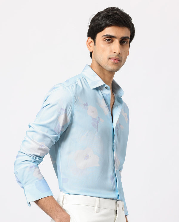 Rare Rabbit Men's Hanmer Light Petrol Viscose Fabric Floral Print Full Sleeves Shirt
