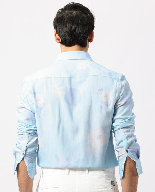 Rare Rabbit Men's Hanmer Light Petrol Viscose Fabric Floral Print Full Sleeves Shirt