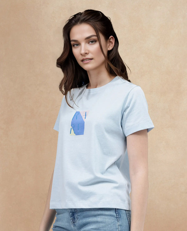 Rareism Women Hanna Light Blue Cotton Poly Fabric Short Sleeve Crew Neck Solid T-Shirt