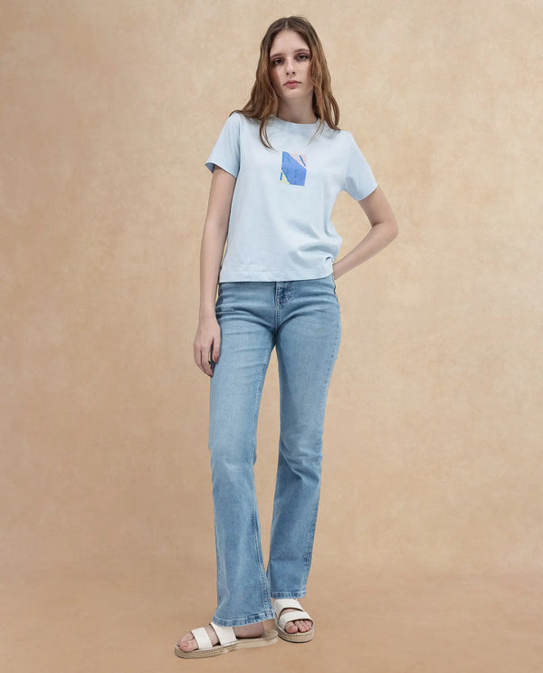 Rareism Women Hanna Light Blue Cotton Poly Fabric Short Sleeve Crew Neck Solid T-Shirt