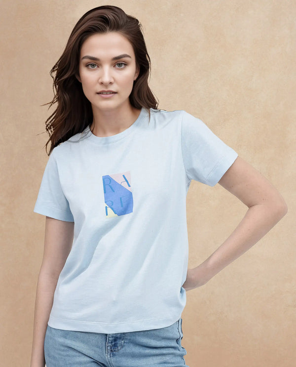 Rareism Women Hanna Light Blue Cotton Poly Fabric Short Sleeve Crew Neck Solid T-Shirt