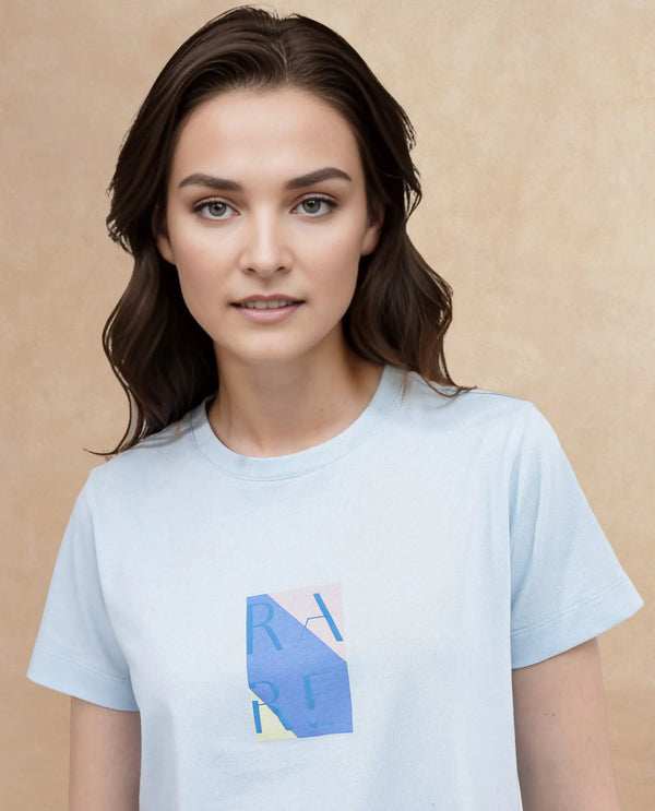 Rareism Women Hanna Light Blue Cotton Poly Fabric Short Sleeve Crew Neck Solid T-Shirt