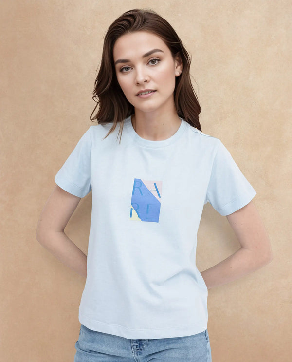 Rareism Women Hanna Light Blue Cotton Poly Fabric Short Sleeve Crew Neck Solid T-Shirt