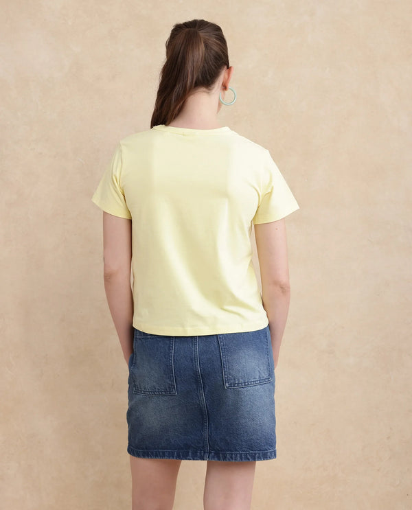 Rareism Women Hanna 1 Yellow Cotton Blend Fabric Short Sleeve Crew Neck Plain T-Shirt
