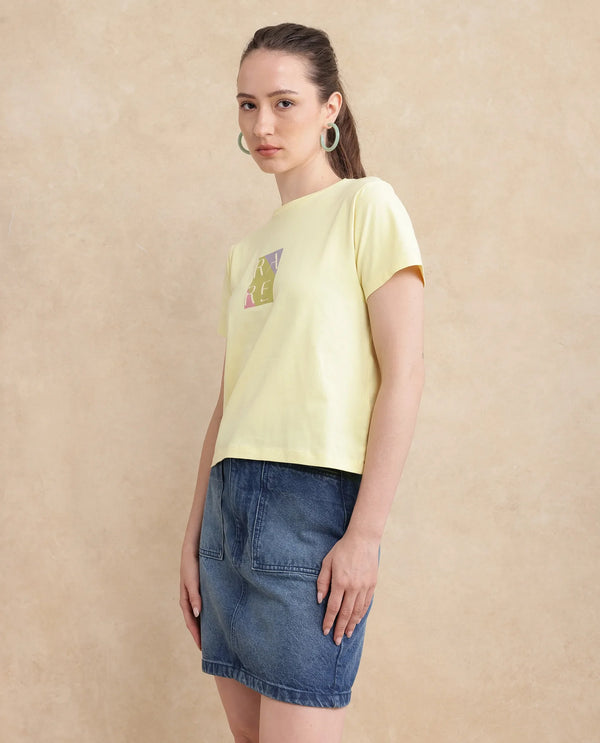 Rareism Women Hanna 1 Yellow Cotton Blend Fabric Short Sleeve Crew Neck Plain T-Shirt