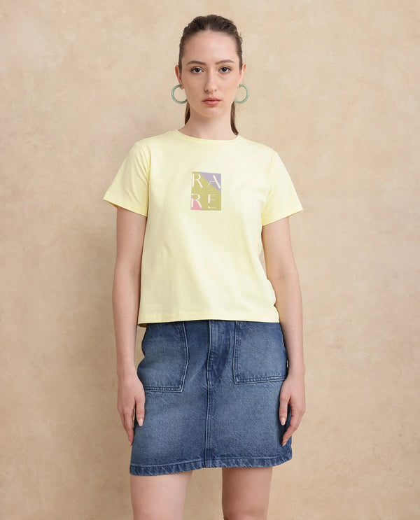 Rareism Women Hanna 1 Yellow Cotton Blend Fabric Short Sleeve Crew Neck Plain T-Shirt
