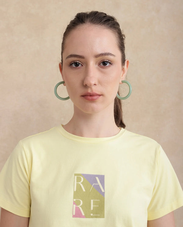 Rareism Women Hanna 1 Yellow Cotton Blend Fabric Short Sleeve Crew Neck Plain T-Shirt