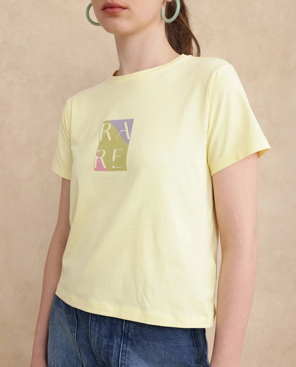 Rareism Women Hanna 1 Yellow Cotton Blend Fabric Short Sleeve Crew Neck Plain T-Shirt