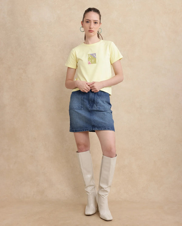 Rareism Women Hanna 1 Yellow Cotton Blend Fabric Short Sleeve Crew Neck Plain T-Shirt