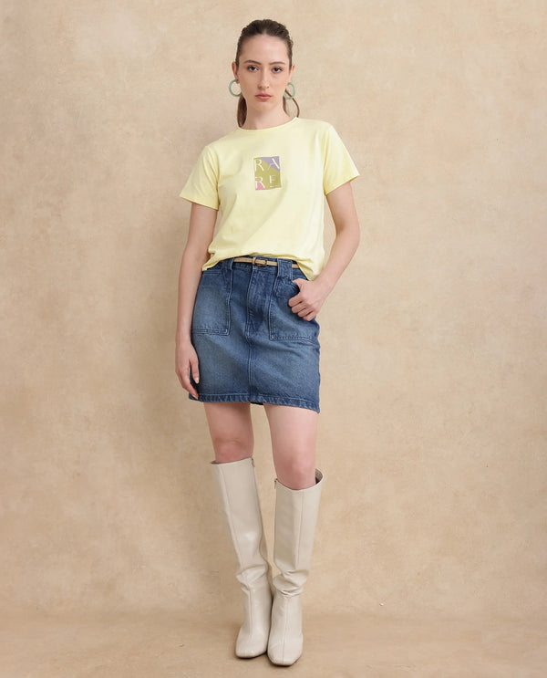Rareism Women Hanna 1 Yellow Cotton Blend Fabric Short Sleeve Crew Neck Plain T-Shirt