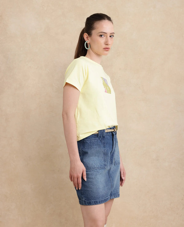 Rareism Women Hanna 1 Yellow Cotton Blend Fabric Short Sleeve Crew Neck Plain T-Shirt