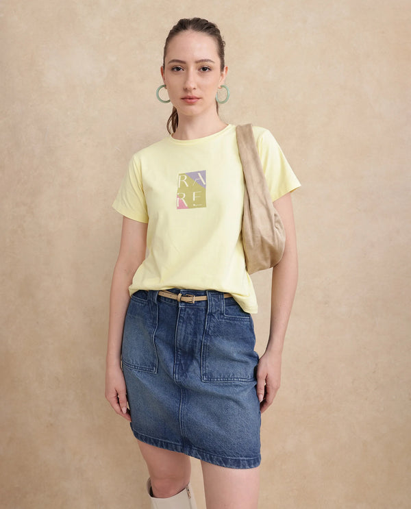 Rareism Women Hanna 1 Yellow Cotton Blend Fabric Short Sleeve Crew Neck Plain T-Shirt
