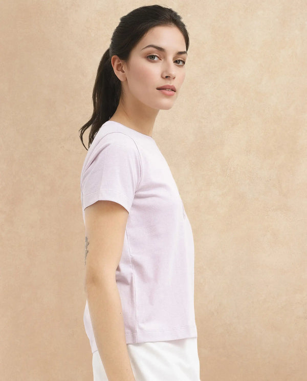 Rareism Women Hanna Pastel Pink Cotton Poly Fabric Short Sleeve Crew Neck Solid T-Shirt