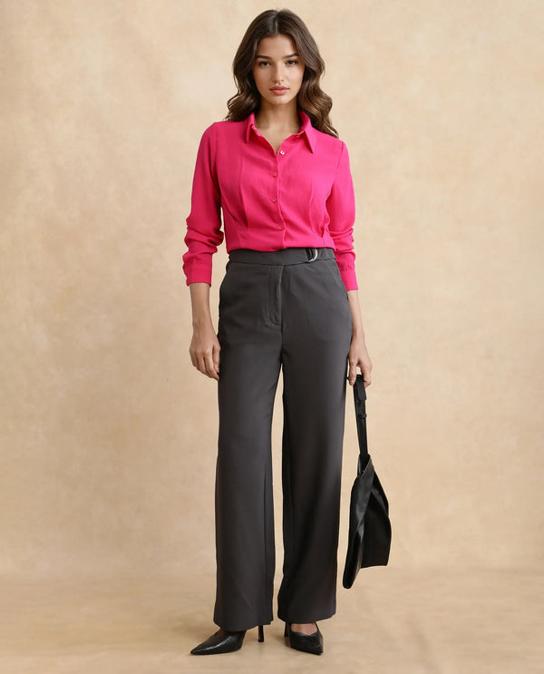 Rareism Women Hanne Grey Hook Closure Straight Fit Ankle Length Plain Trouser
