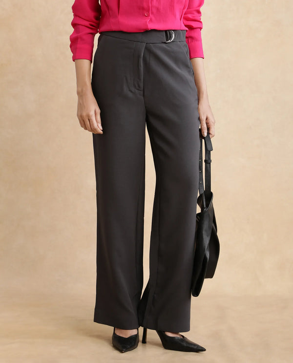Rareism Women Hanne Grey Hook Closure Straight Fit Ankle Length Plain Trouser