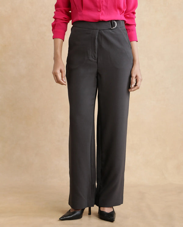 Rareism Women Hanne Grey Hook Closure Straight Fit Ankle Length Plain Trouser