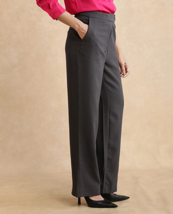 Rareism Women Hanne Grey Hook Closure Straight Fit Ankle Length Plain Trouser