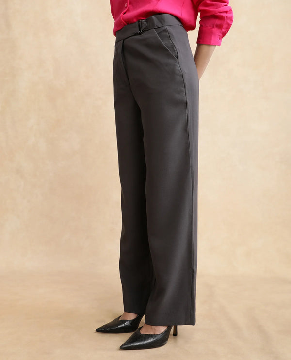 Rareism Women Hanne Grey Hook Closure Straight Fit Ankle Length Plain Trouser