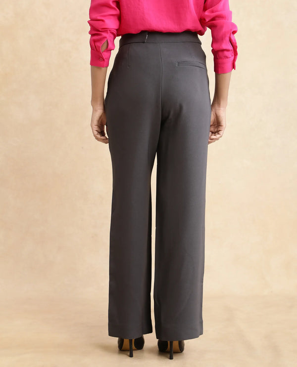 Rareism Women Hanne Grey Hook Closure Straight Fit Ankle Length Plain Trouser