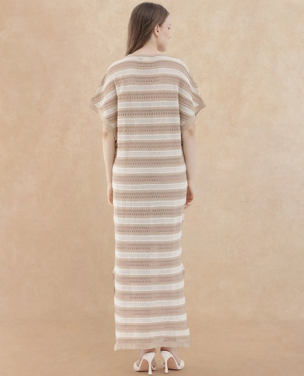 Rareism Women's Haraya Beige Cotton Fabric V-Neck Slip-On Closure Extended Sleeve Striped Relaxed Fit Maxi Dress