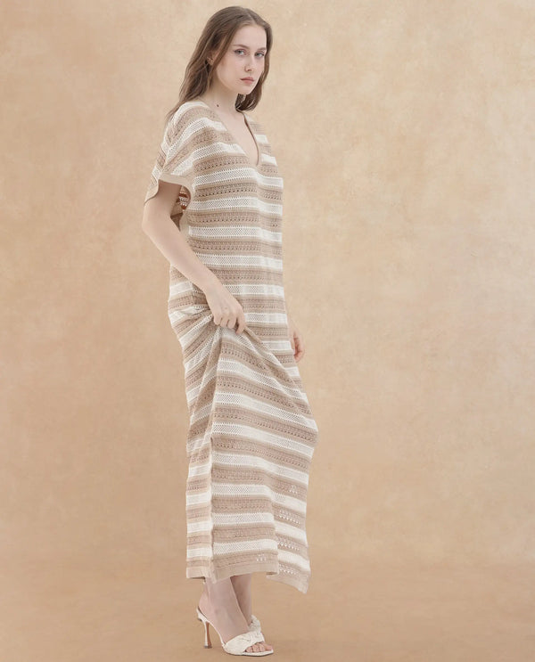 Rareism Women's Haraya Beige Cotton Fabric V-Neck Slip-On Closure Extended Sleeve Striped Relaxed Fit Maxi Dress