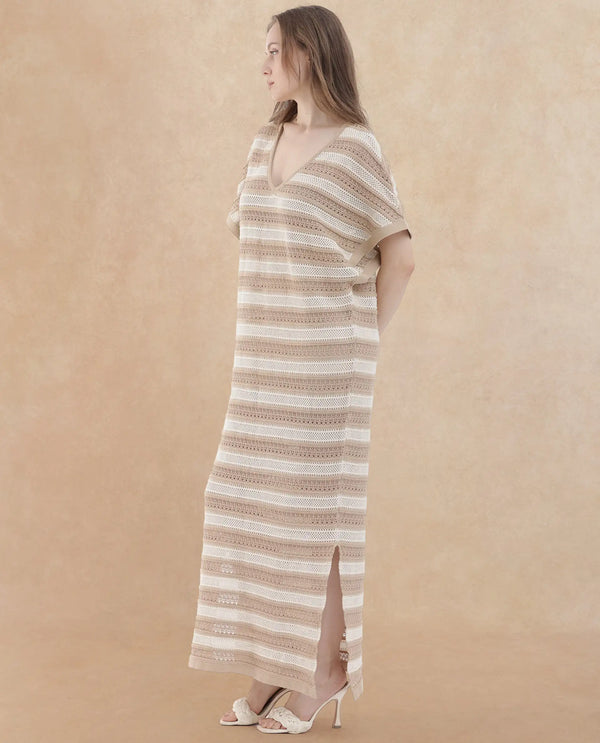 Rareism Women's Haraya Beige Cotton Fabric V-Neck Slip-On Closure Extended Sleeve Striped Relaxed Fit Maxi Dress