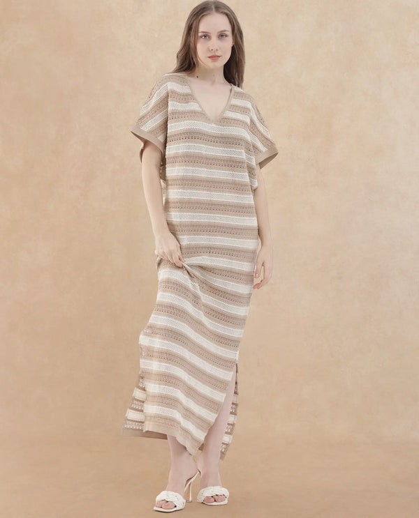 Rareism Women's Haraya Beige Cotton Fabric V-Neck Slip-On Closure Extended Sleeve Striped Relaxed Fit Maxi Dress