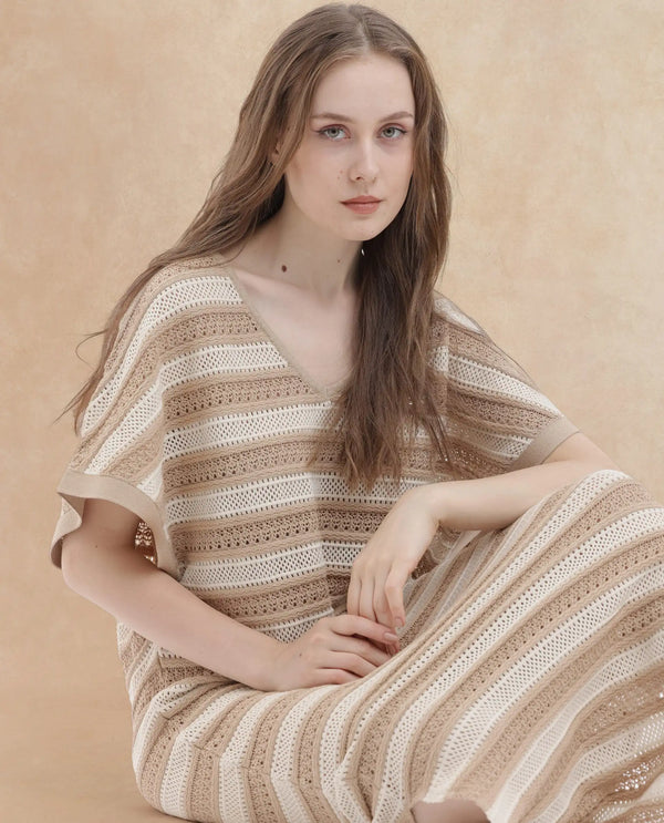 Rareism Women's Haraya Beige Cotton Fabric V-Neck Slip-On Closure Extended Sleeve Striped Relaxed Fit Maxi Dress