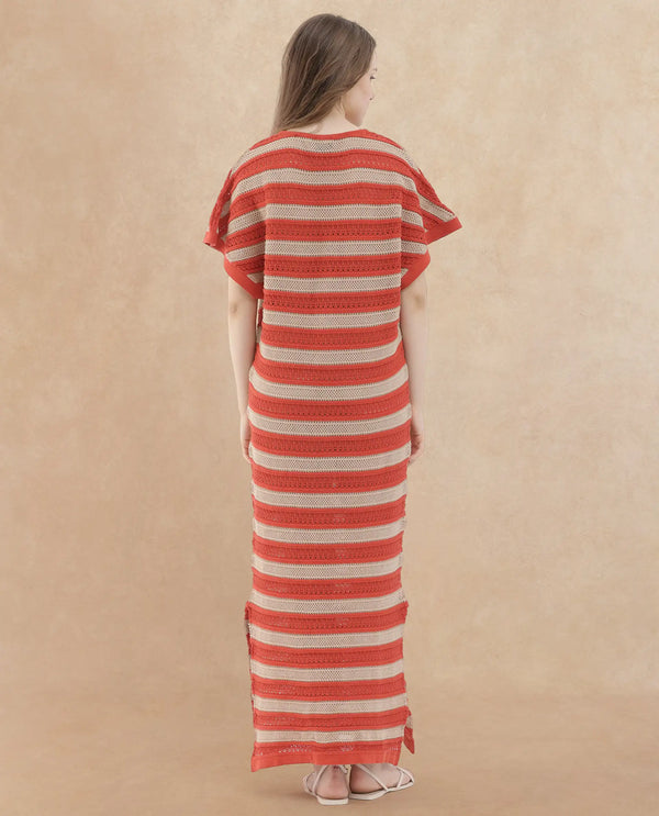 Rareism Women Haraya Orange Cotton Fabric Short Sleeves V-Neck Extended Sleeve Relaxed Fit Striped Midi Dress