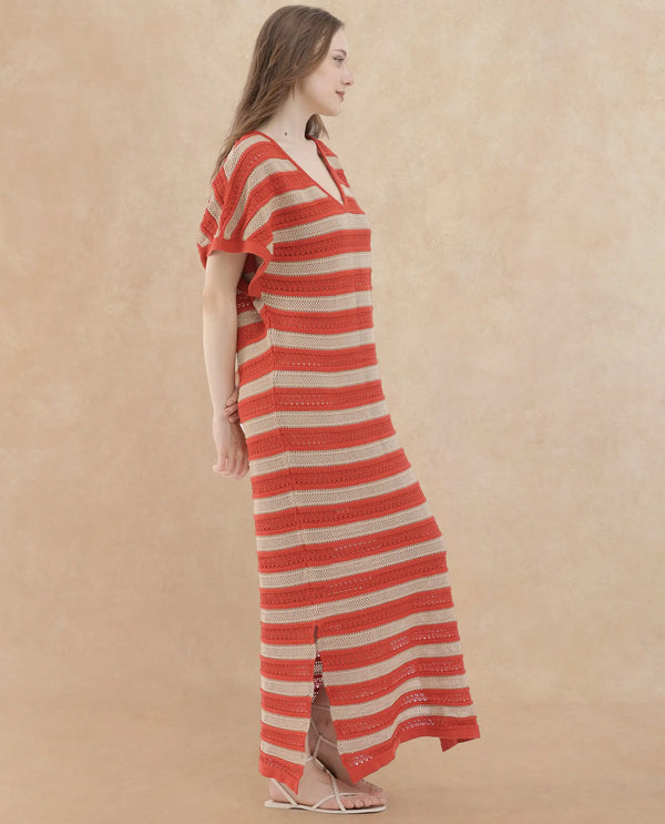 Rareism Women Haraya Orange Cotton Fabric Short Sleeves V-Neck Extended Sleeve Relaxed Fit Striped Midi Dress