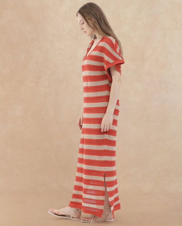 Rareism Women Haraya Orange Cotton Fabric Short Sleeves V-Neck Extended Sleeve Relaxed Fit Striped Midi Dress